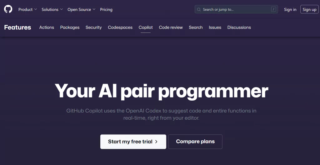 A screenshot of the GitHub Copilot homepage from the list of top ai coding tools