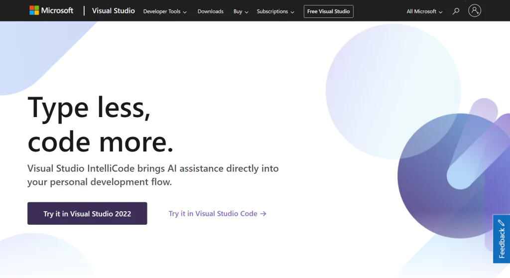 A screenshot of the Visual Studio IntelliCode homepage