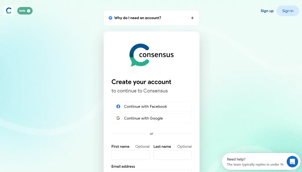 A screenshot of Consensus asking a user to create an account