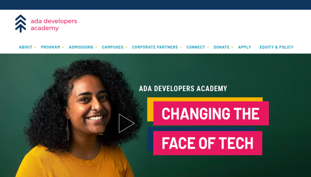 A screenshot of the Ada Developers Academy homepage