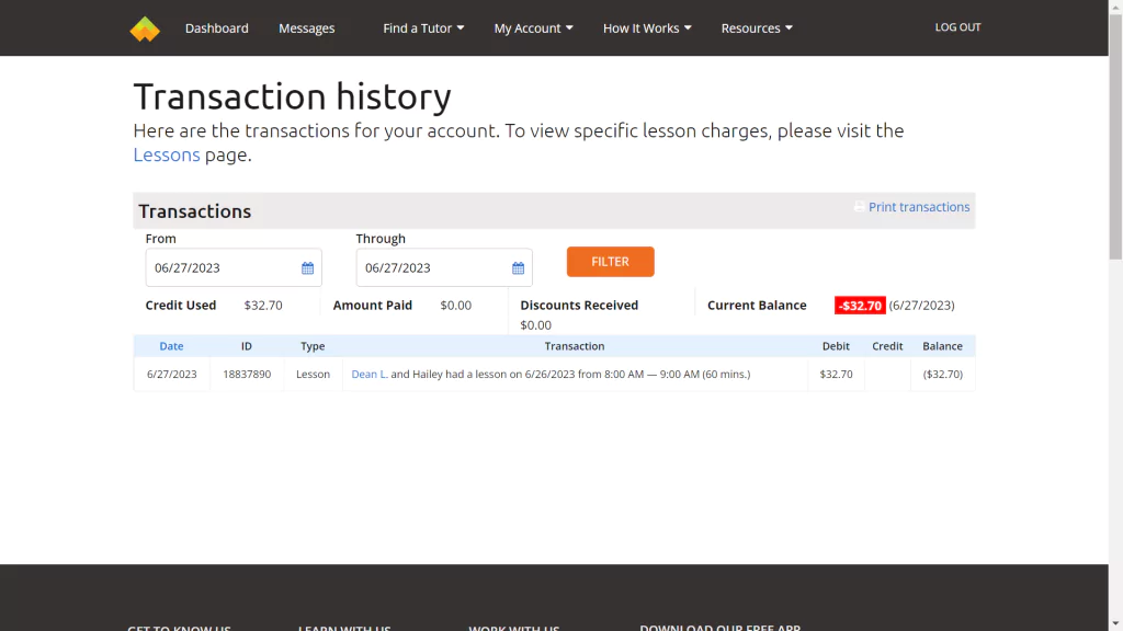 A screenshot of transaction history at Wyzant