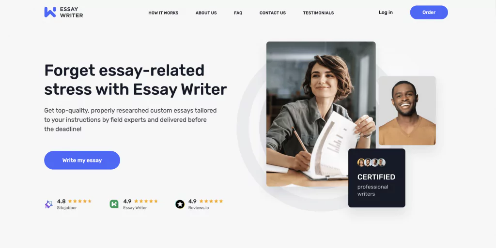 A screenshot of the EssayWriter homepage