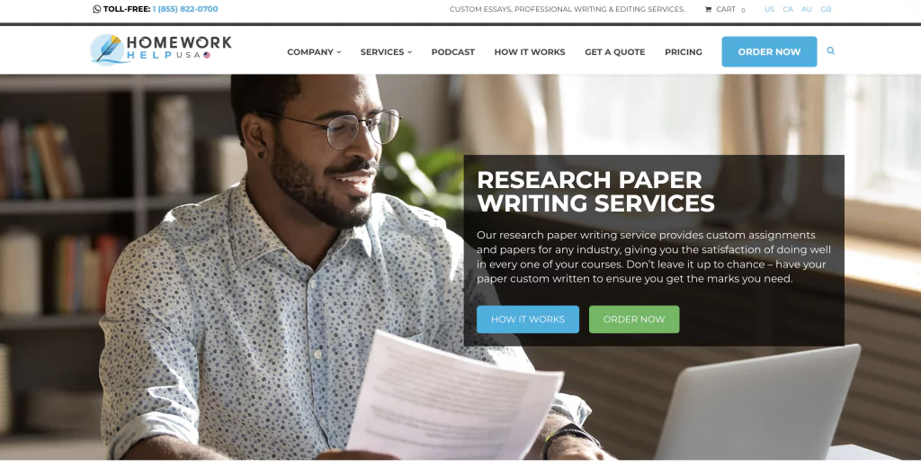 A screenshot of the HomeWorkHelpGlobal homepage from the list of research paper writers