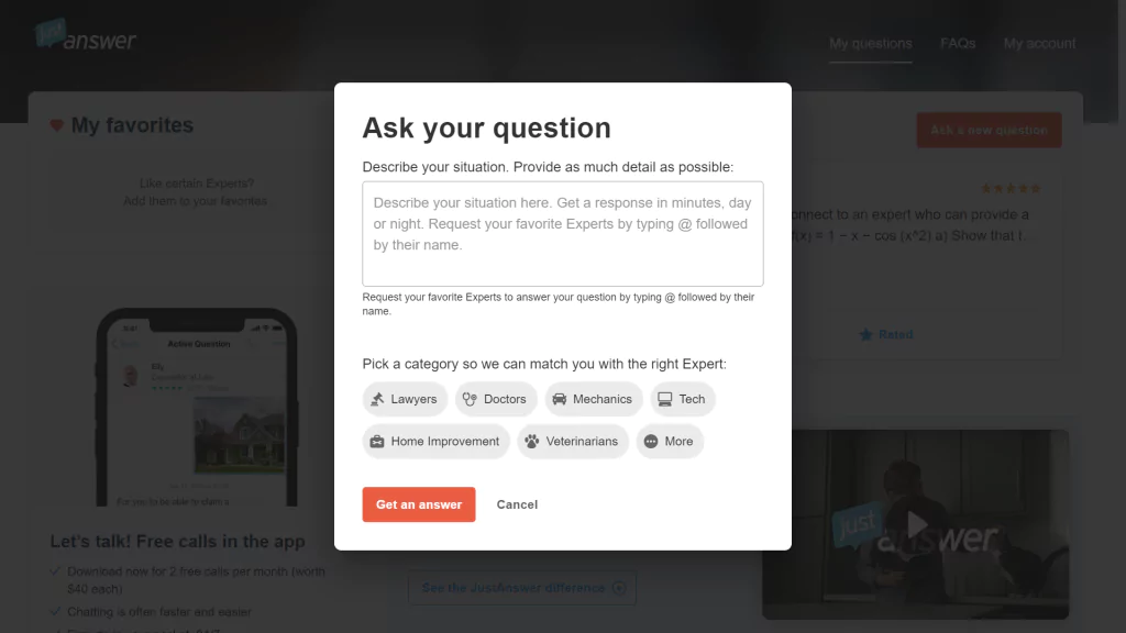 A screenshot of  JustAnswer question form
