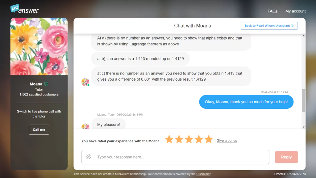 A screenshot of communication with tutor at Justanswer 