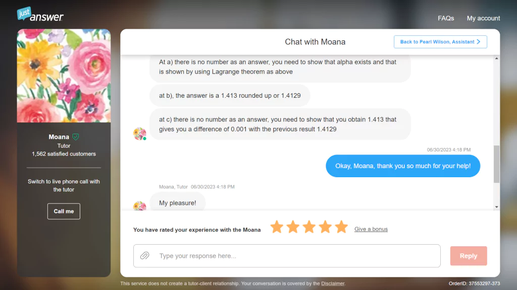 Communication with the tutor at Just Answer