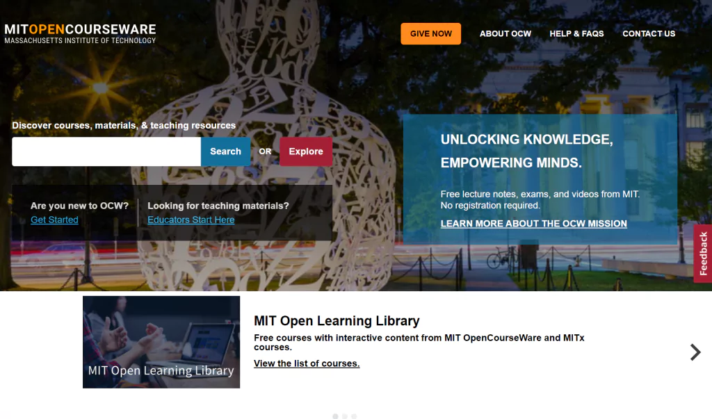 A screenshot of the MIT OpenCourseware homepage