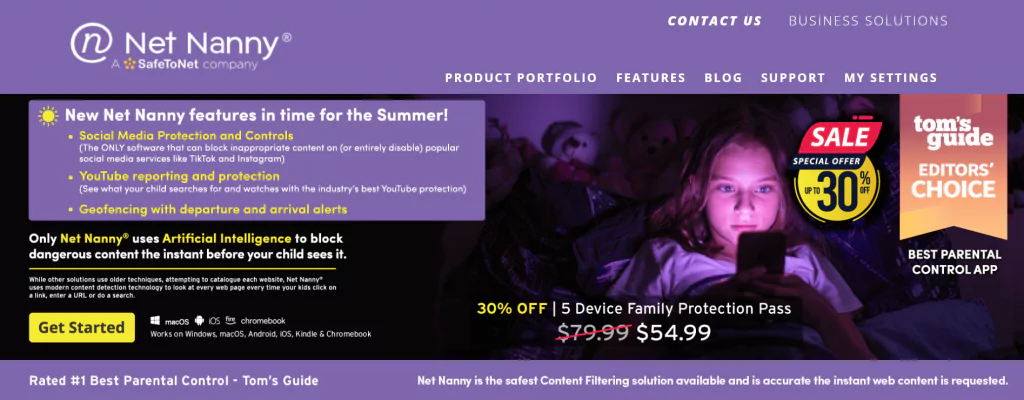 A screenshot of the Net Nanny homepage from the list of 