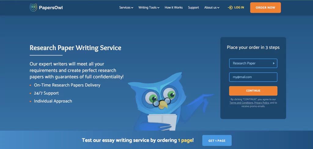 A screenshot of the PapersOwl homepage from the list of best research paper writing services