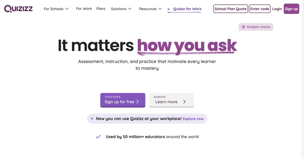 A screenshot of the Quizizz homepage from the list of alternatives to quizlet