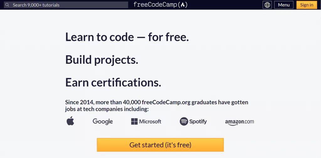A screenshot of the freeCodeCamp homepage