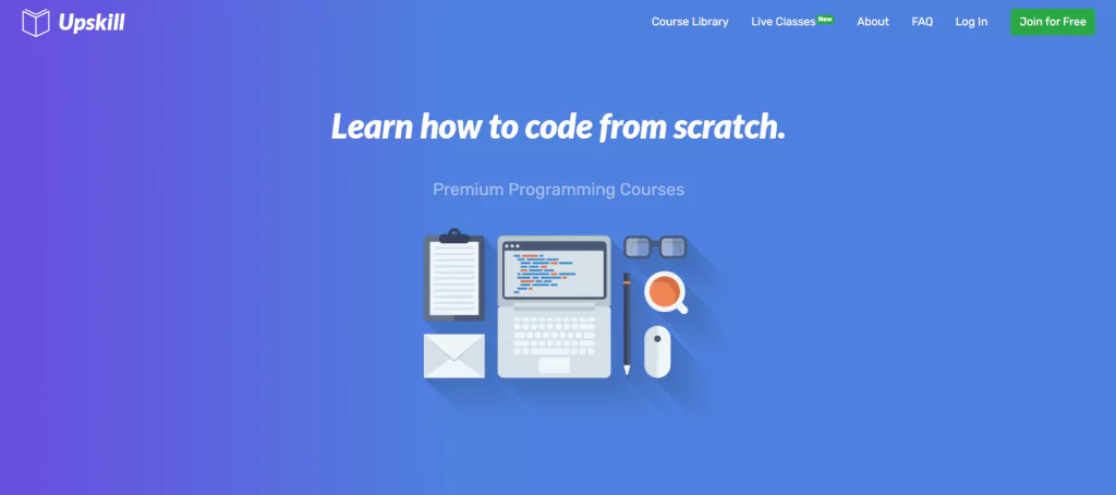 A screenshot of the Upskill homepage from the list of best free coding botcamps