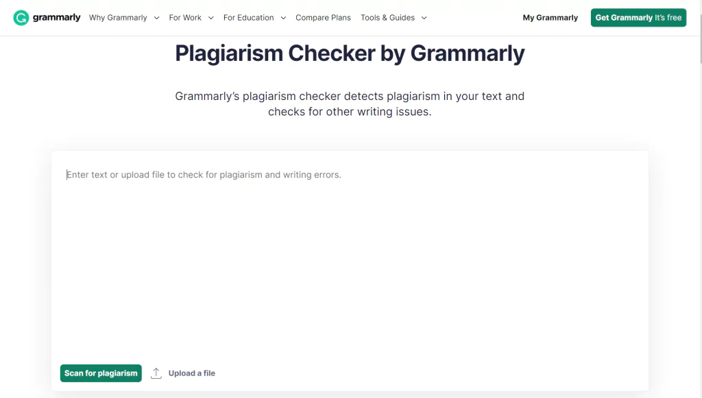 A screenshot of the Grammarly homepage from the list of plagiarism checkers