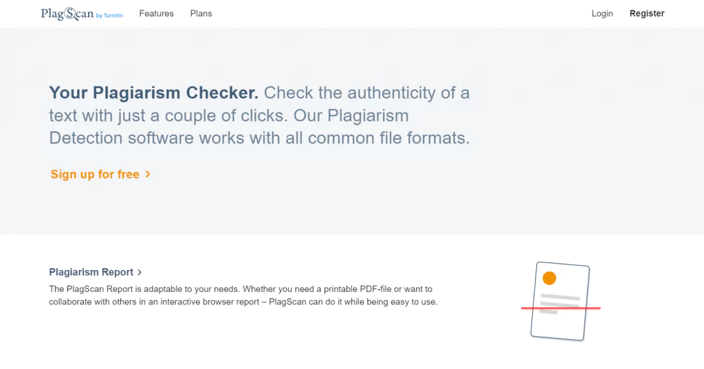 A screenshot of the Plagscan homepage from the list of plagiarism checkers