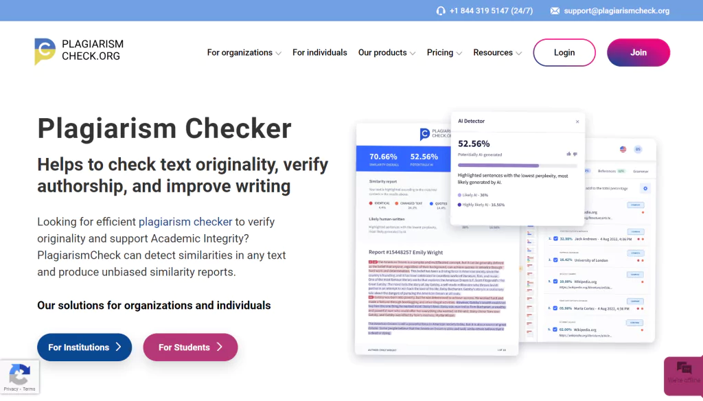 A screenshot of the PlagiarismCheck homepage from the list of top plagiarism checkers