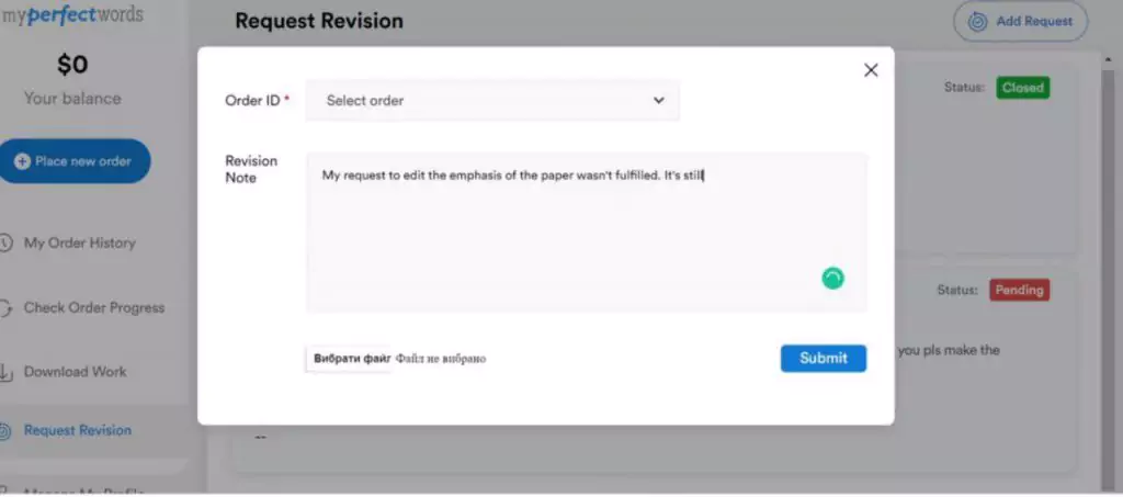 A screenshot of asking for revisions at Myperfectwords 