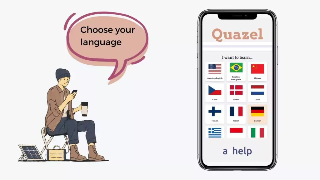 A screenshot of choosing languages at Quazel