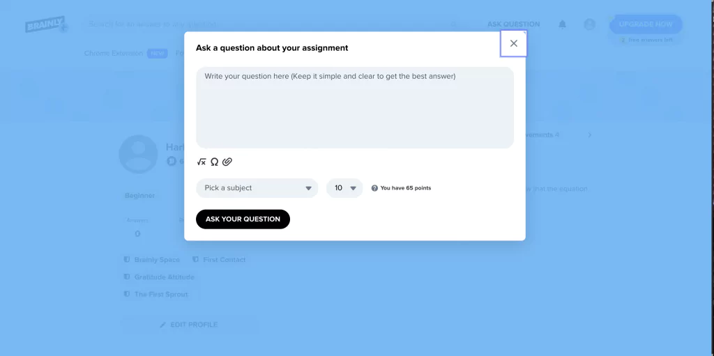 A screenshot of asking a question at Brainly 