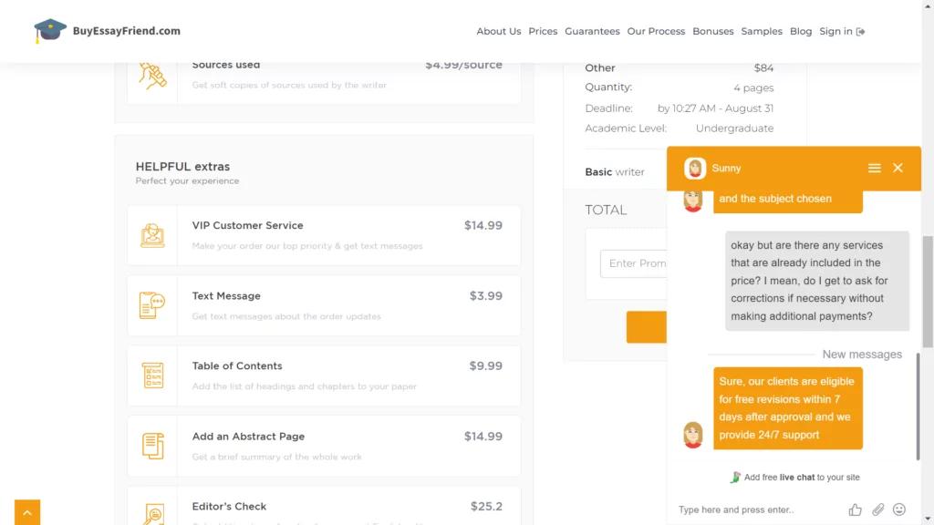A screenshot of a customer support chat at Buy Essay Friend