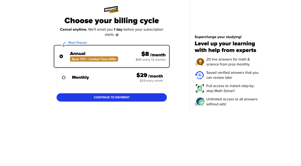 A screenshot of choosing a plan at Brainly 