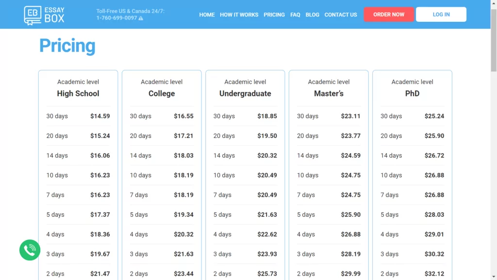 A screenshot of pricing options at Essaybox