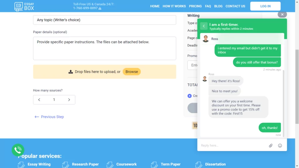 A screenshot of a customer support chat at Essay box