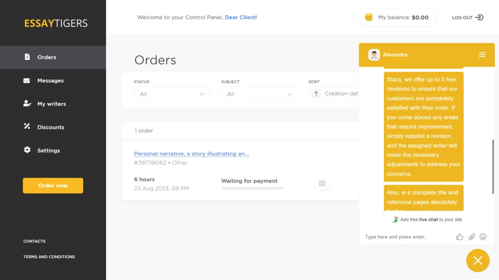 A screenshot of a customer support chat at EssayTigers.com