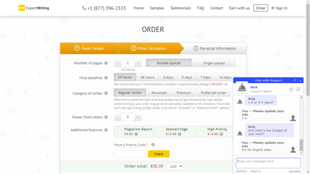 A screenshot of a customer support chat at Expertwriting.org