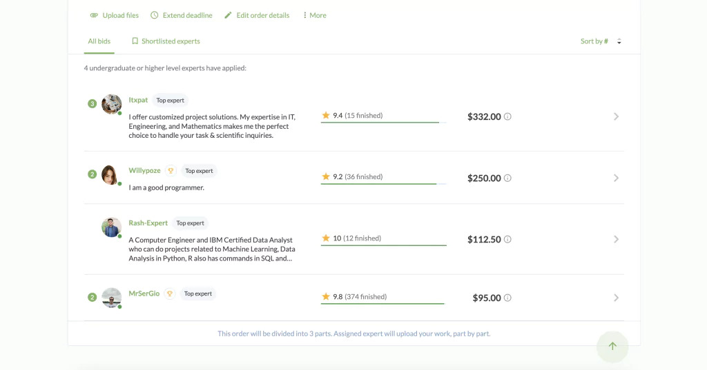 A screenshot of experts bidding at GetCodingHelp 