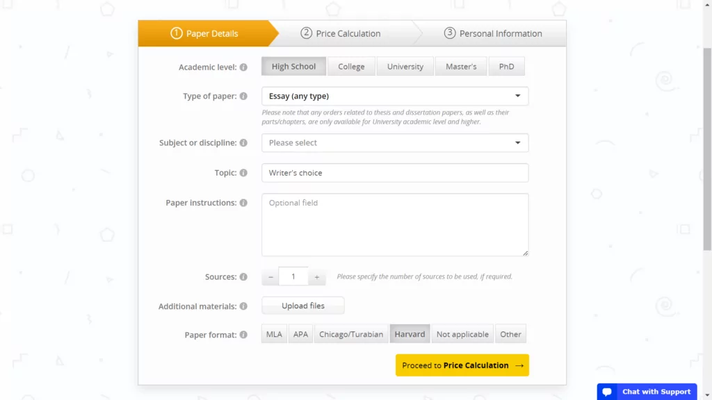 A screenshot of an order form at ExpertWriting