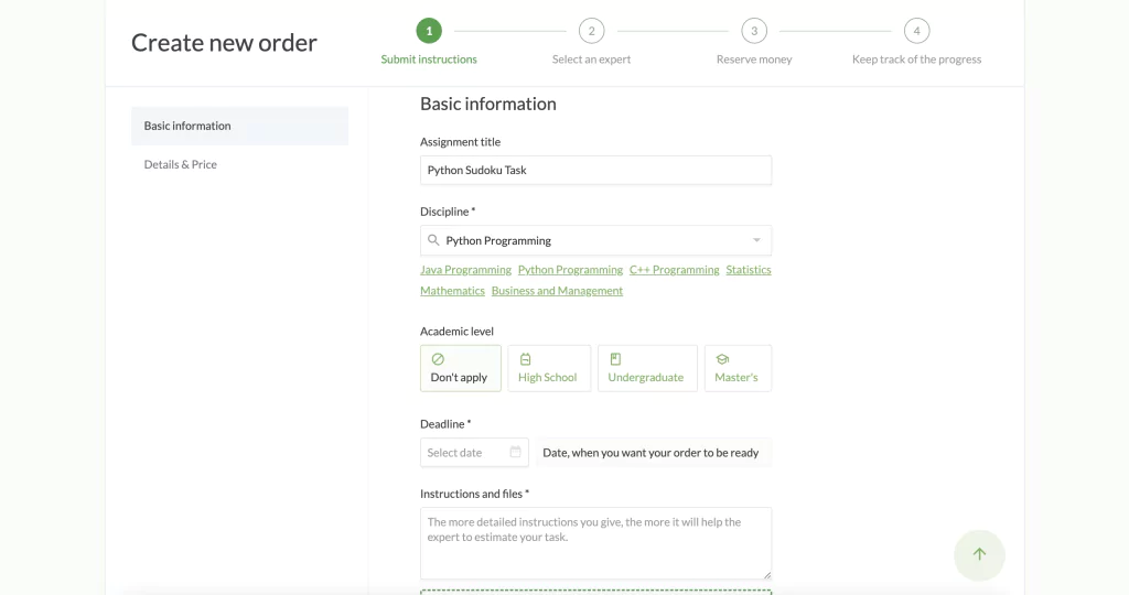 A screenshot of an order form at GetCodingHelp 