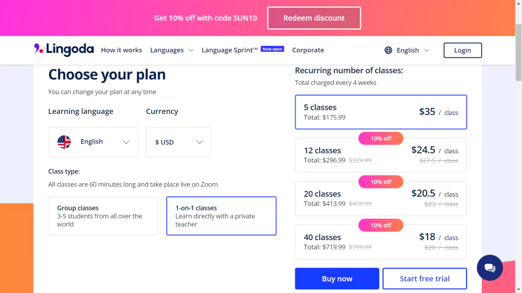 Pricing options at Lingoda 