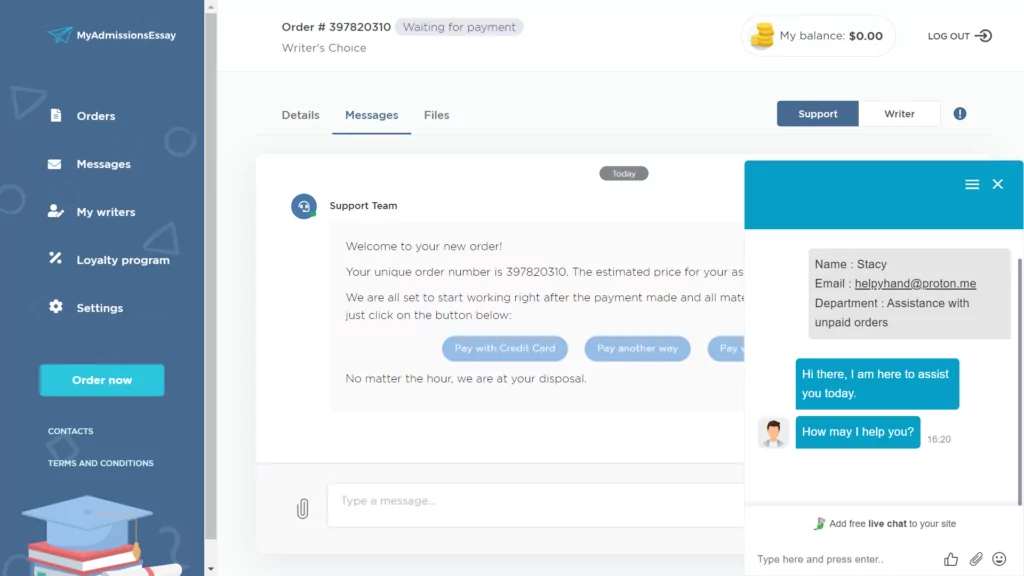 A screenshot of a customer support chat at Myadmissionessay.com