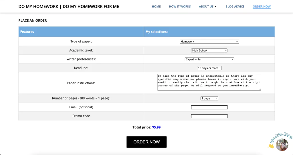 A screenshot of an order form at DoMyHomeworkforMe 
