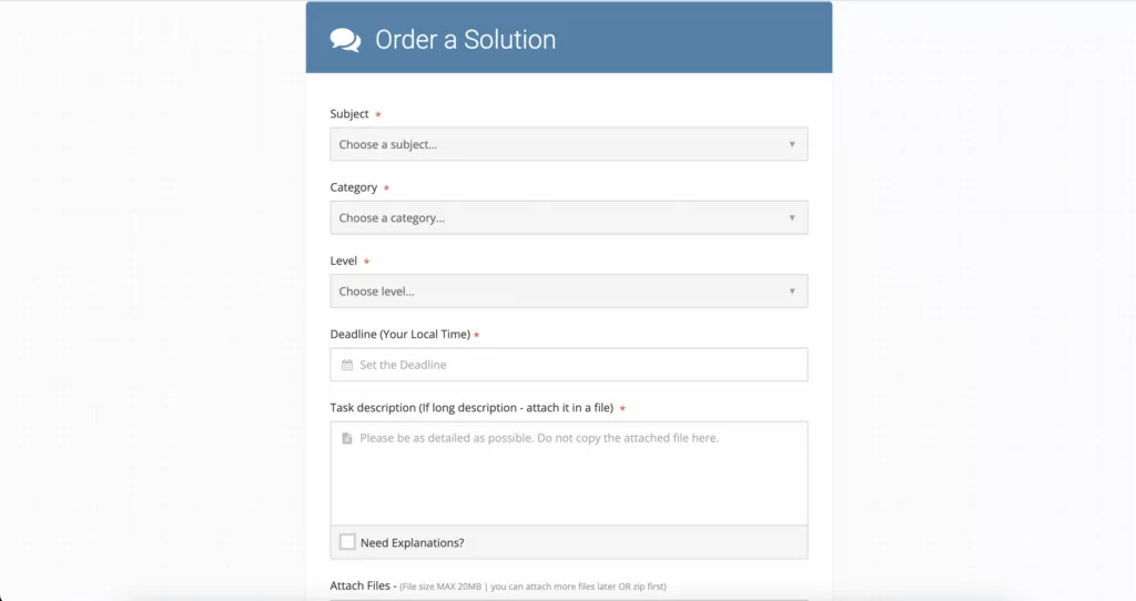 A screenshot of an order form at HomeworkHelpOnline 