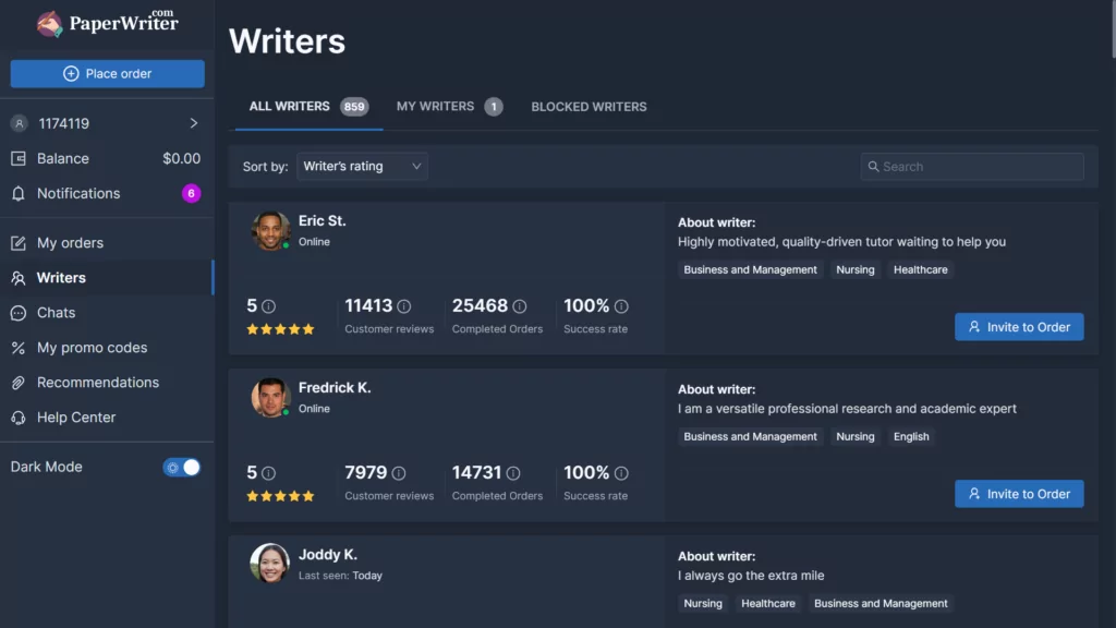 A screenshot of the window with writer choice at PaperWriter 