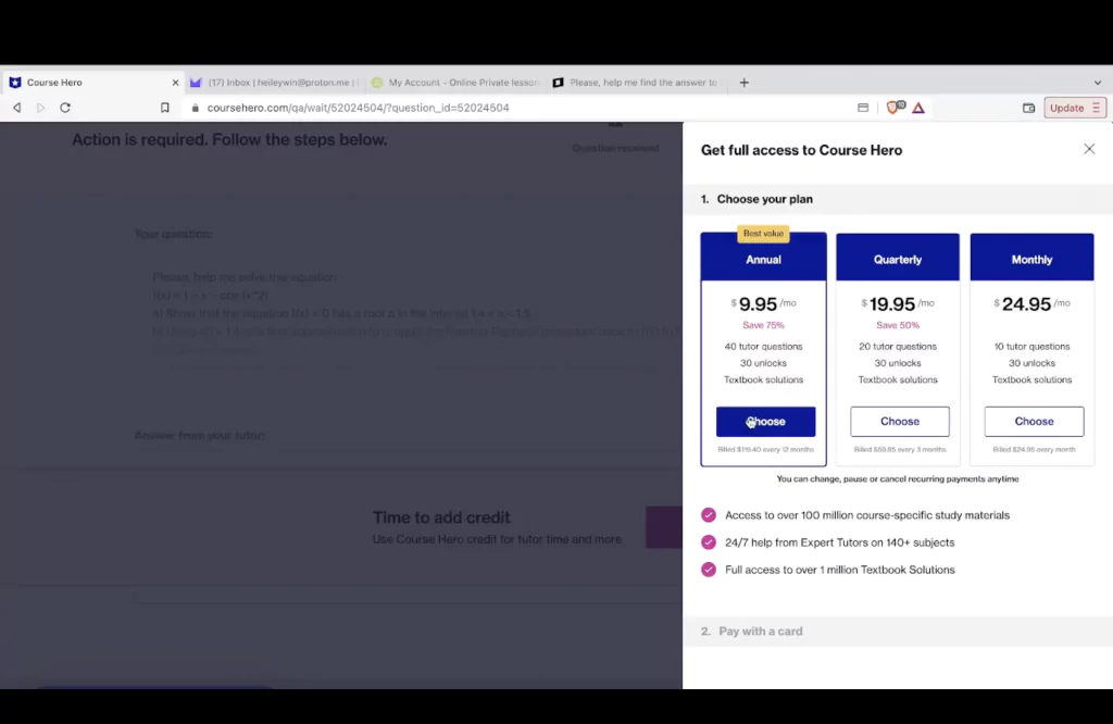 A screenshot of pricing plans at CourseHero