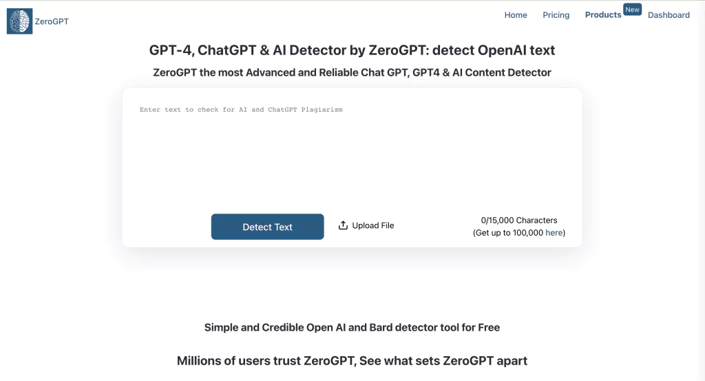 A screenshot of the Zero GPT homepage