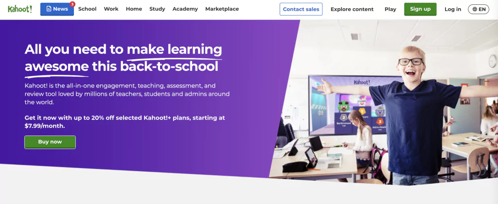 A screenshot of the Kahoot! homepage from the list of quizlet alternatives
