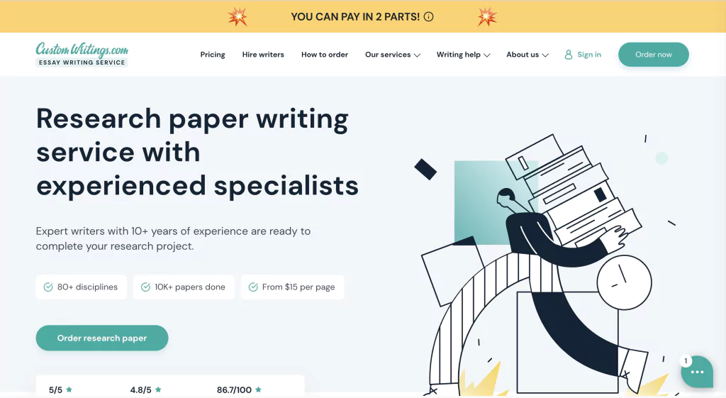 A screenshot of the CustomWritings homepage from the list of research paper writing services