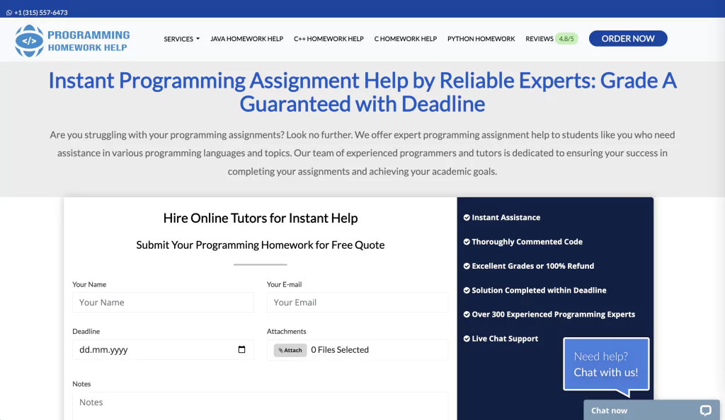 A screenshot of the Programminghomeworkhelp homepage