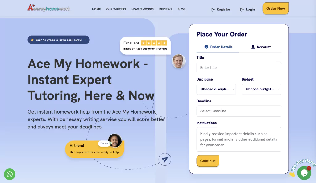 A screenshot of the Acemyhomework homepage