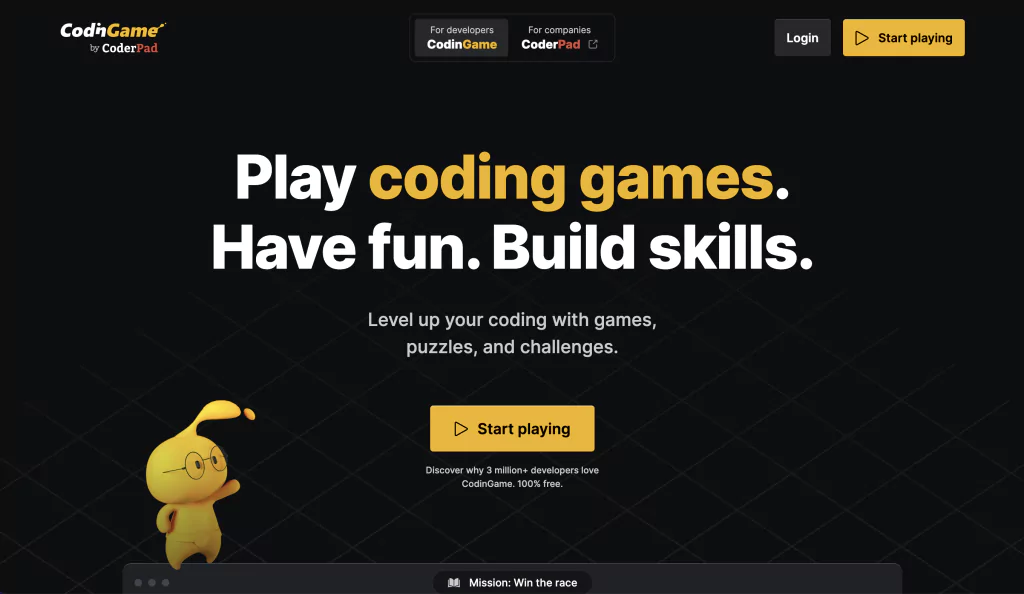 A screenshot of the CodinGame homepage