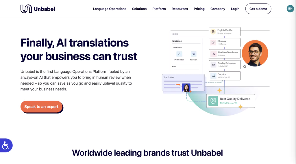 A screenshot of the Unbabel homepage