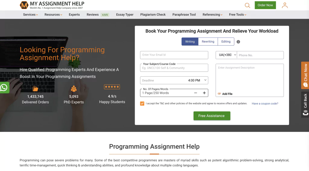 A screenshot of the Myassignmenthelp homepage