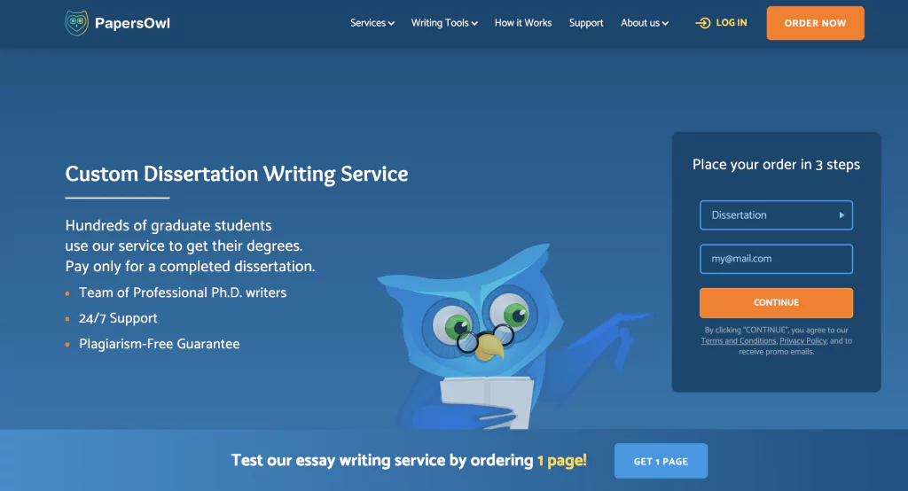 A screenshot of the PapersOwl homepage
