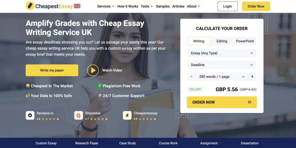A screenshot of the CheapestEssay homepage from the list of assignment writing services