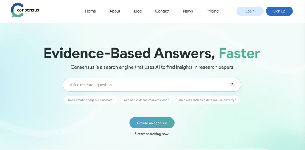 A screenshot of the Consensus homepage from the list of ai research tools
