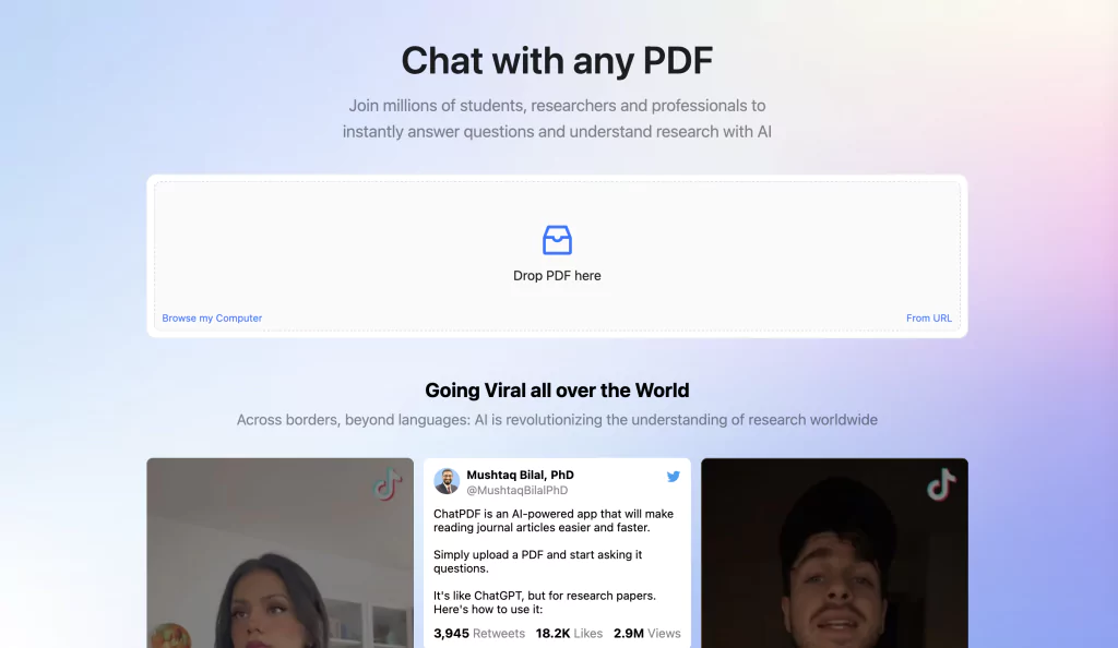 A screenshot of the ChatPDF homepage