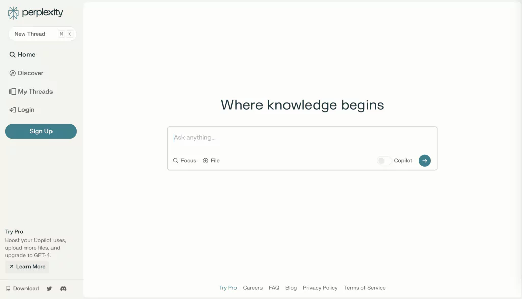 A screenshot of the Perplexity AI homepage